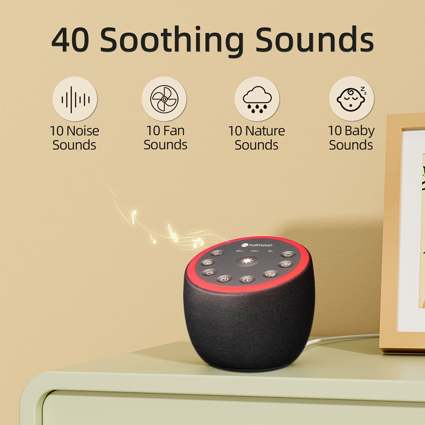 Cocoon Plus White Noise Machine – 40 Soothing Sounds with Night Light, 4-Hour Timer, 32 Adjustable Volume, Memory Function, Brown Noise for Sleep, Yoga, and Meditation, Plug-In