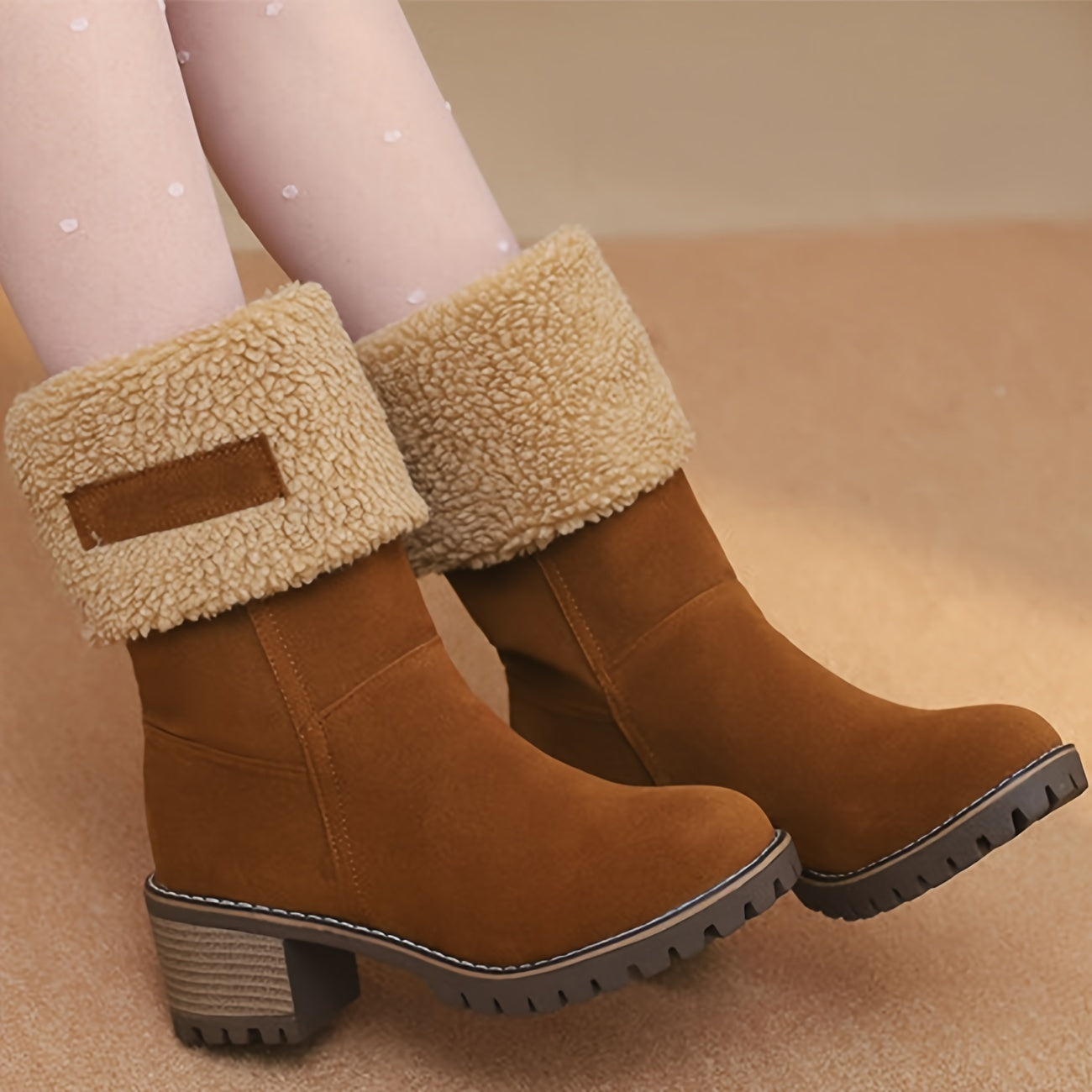 Winter Boots for Women - Comfortable Slip-On Mid Chunky Heel Suede Warm Snow Ankle Boots, Outdoor Shoes