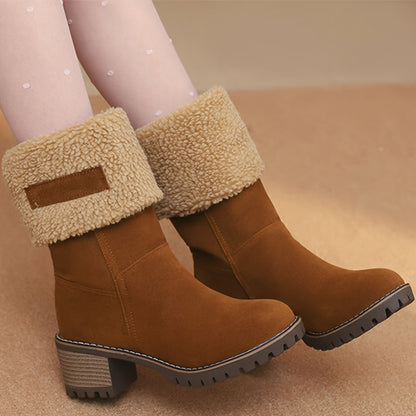 Winter Boots for Women - Comfortable Slip-On Mid Chunky Heel Suede Warm Snow Ankle Boots, Outdoor Shoes