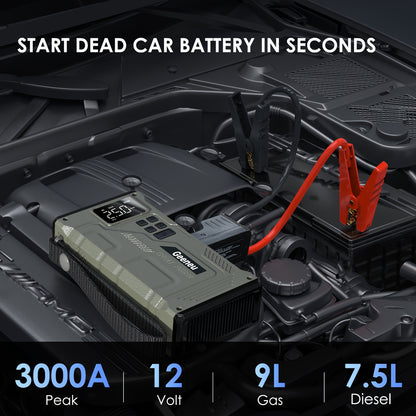 3000A Peak Car Jump Starter with Air Compressor – Portable 12V Battery Charger, 150PSI Digital Tire Inflator, QC18W Fast Charge, LED Emergency Light – Multi-Function Power Bank for 9.0L Gas/7.5L Diesel Vehicles