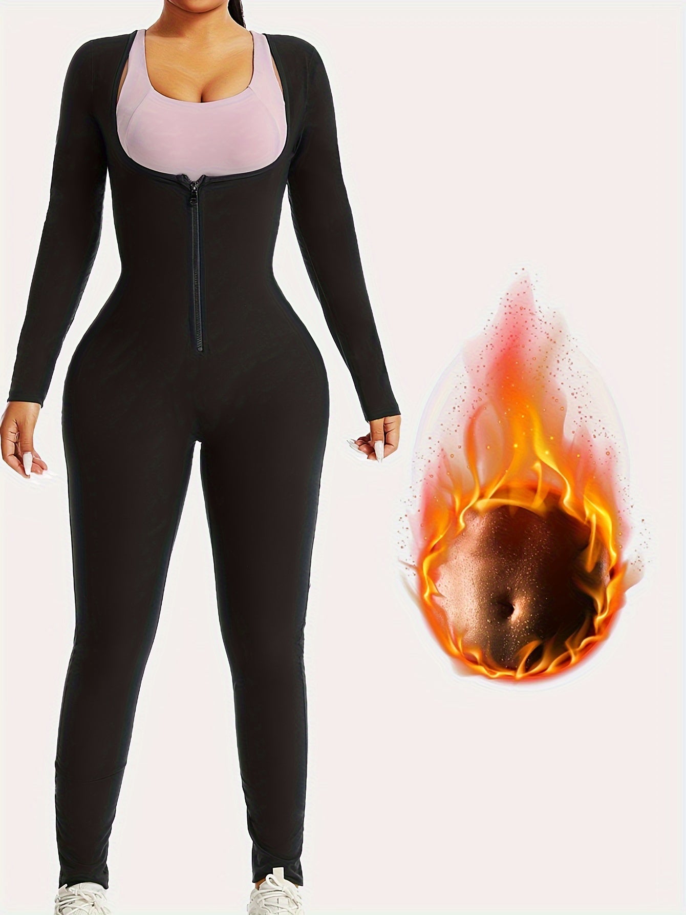 Women's Sauna Sweat Suit – Long Sleeve One-Piece Body Shaper, Thermal Workout Jumpsuit with Zipper for Running and Gym
