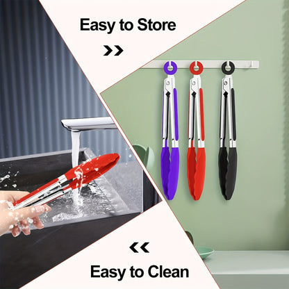 3pcs/7pcs Kitchen Tongs - 7 Inch Small Silicone Tongs with Stainless Steel Handles, Heat Resistant, Non-Stick, Locking Food Tongs for Cooking, Grilling, and Frying