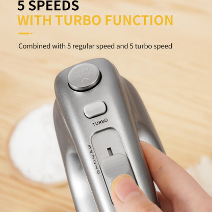 SHARDOR 350W Hand Mixer – 5-Speed Electric Mixer with Turbo, 5 Stainless Steel Attachments & Storage Case, Silver