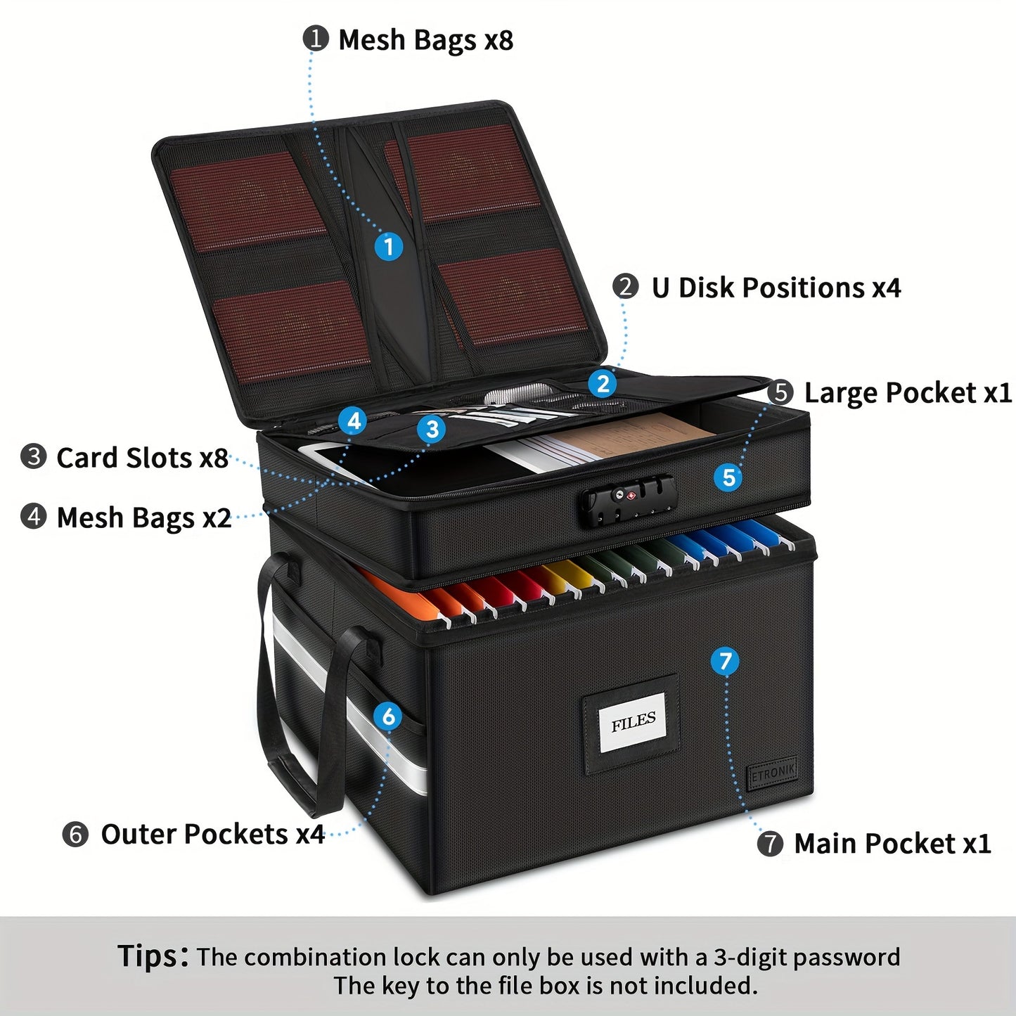 Fireproof Document Box with Lock - 2 Layer File Storage Organizer with 5 Tabs and Insert, Portable Cabinet with Handle for Letter/Legal Size Folders and Certificates