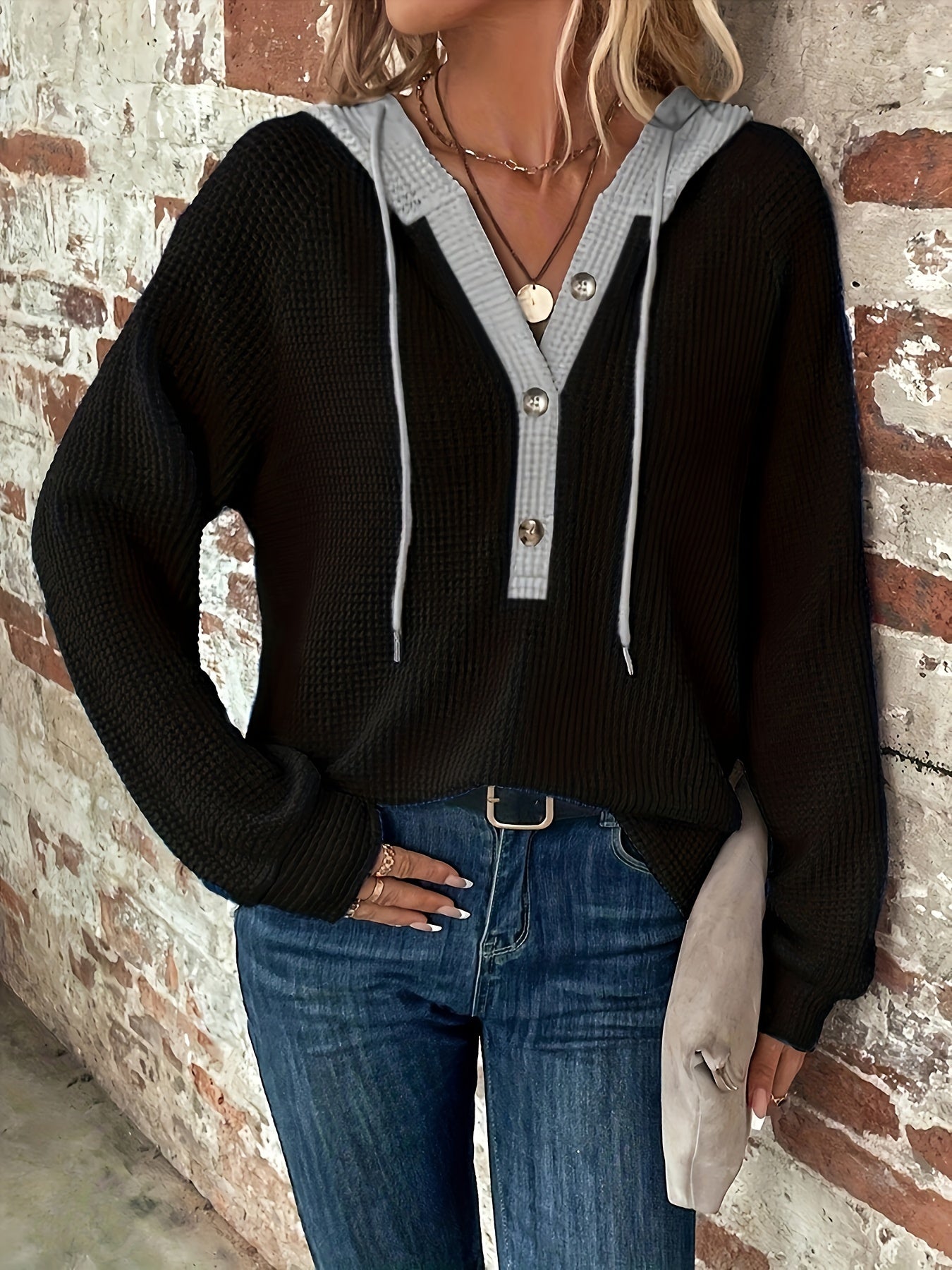 Color Block Button Front Drawstring Hoodie - Casual Long Sleeve Sweatshirt for Women