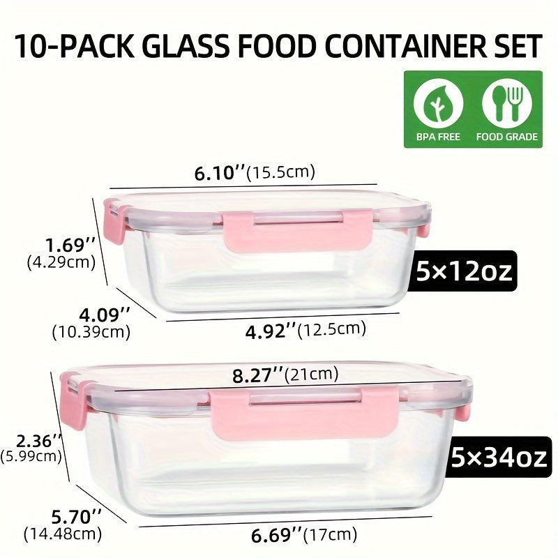 10-Pack Glass Meal Prep Containers Set with Airtight Lids – Durable Food Storage & Glass Lunch Boxes for Home, Kitchen, Office