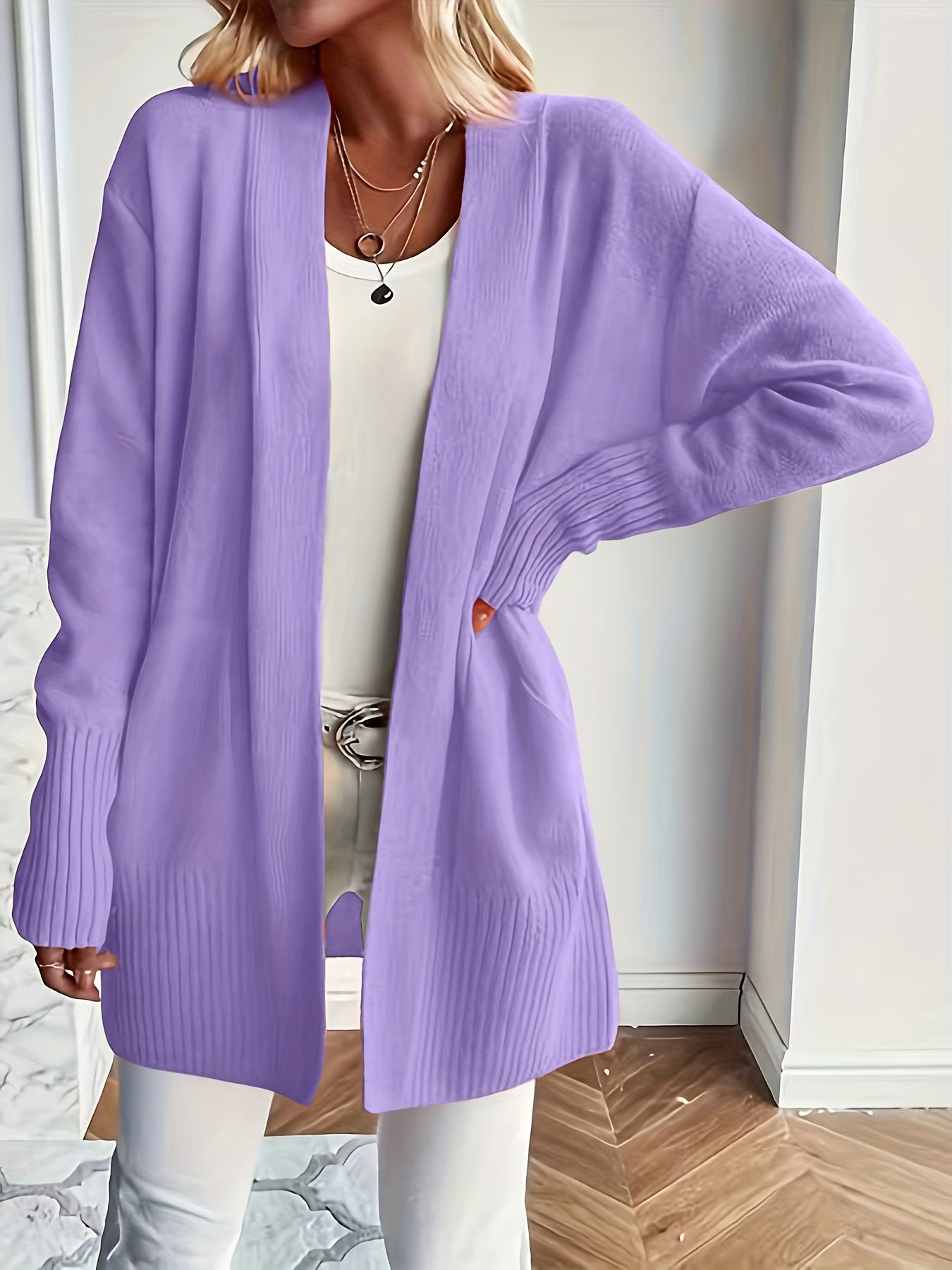 Solid Open Front Knit Cardigan - Casual Long Sleeve Loose Sweater with Pockets, Women's Clothing