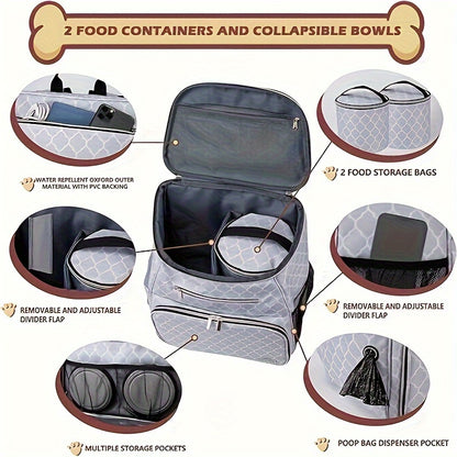 BAGLHER Dog Travel Bag Backpack – Airline Approved with 2 Silicone Collapsible Bowls and 2 Food Baskets, DLWhite