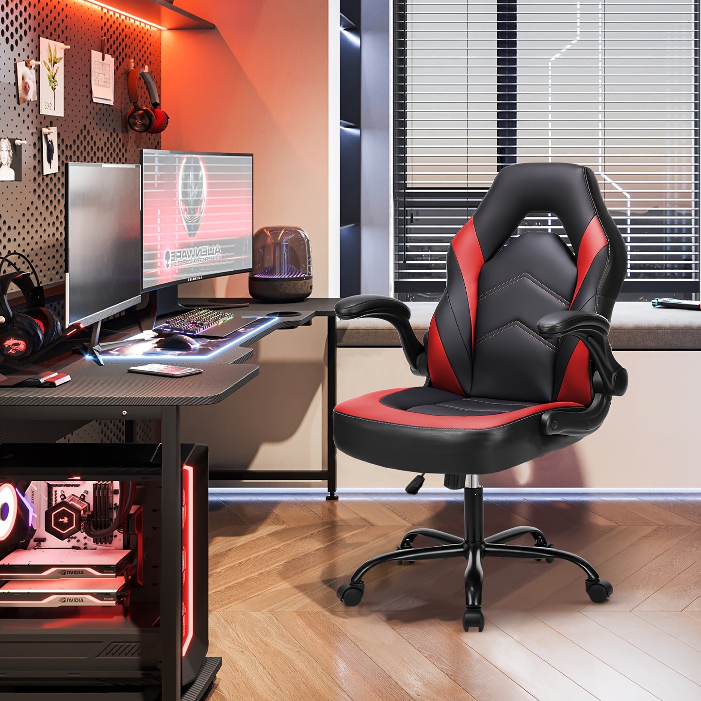 Ergonomic Gaming Chair – PU Leather Home Office Desk Chair with Lumbar Support, Height Adjustable, Big and Tall with Flip-Up Armrests and Swivel Wheels for Adults and Teens