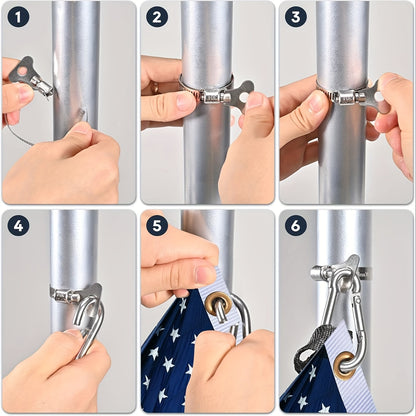 4 Pack Stainless Steel Flagpole Clips with Carabiner – Durable, Adjustable Grommet for Outdoor Flags, Fits 0.75-1.25" Diameter Poles