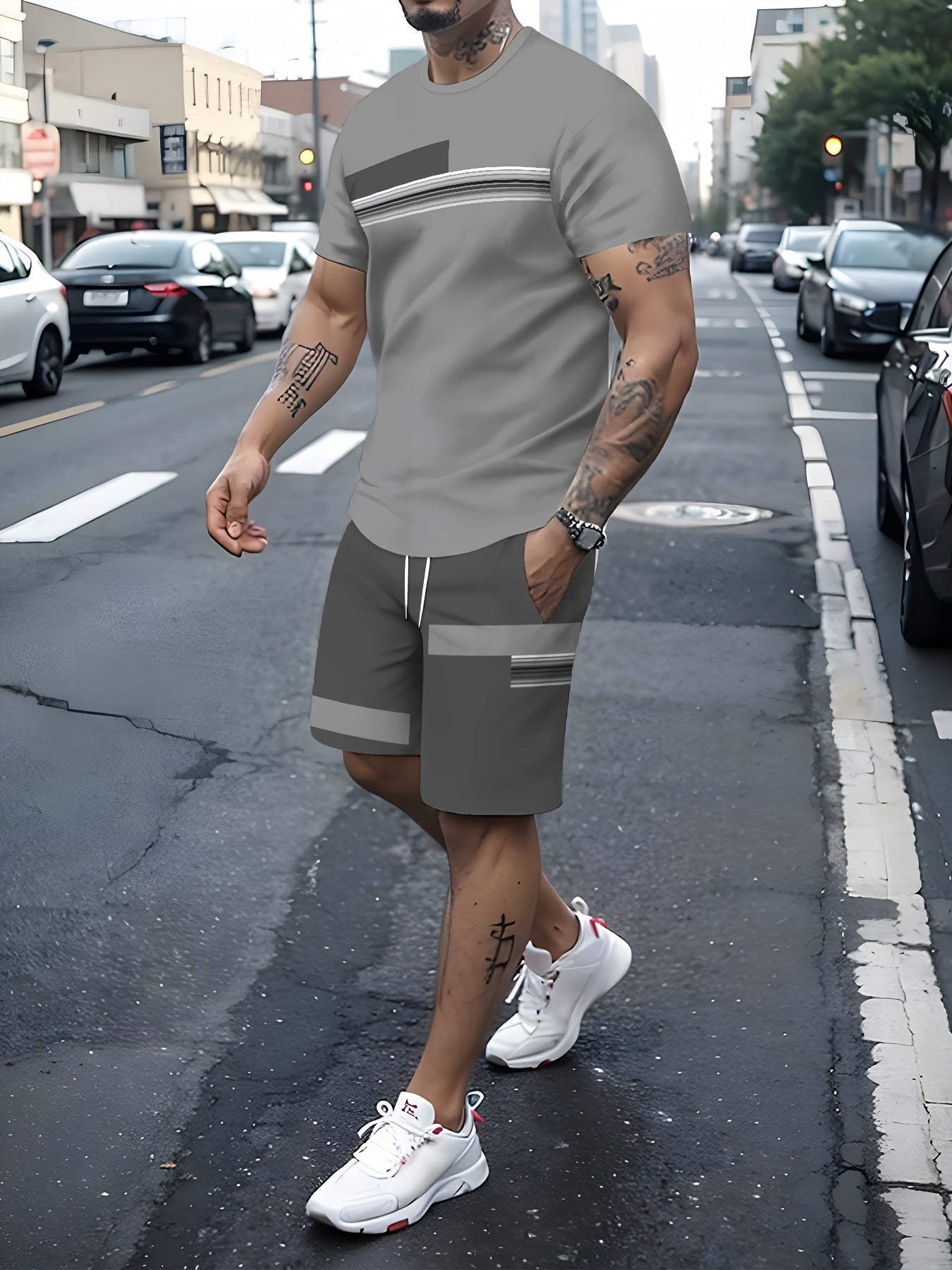 2-Piece Men's Color Blocked Summer Co-ord Set – Short Sleeve Crew Neck T-Shirt and Drawstring Shorts with Pockets