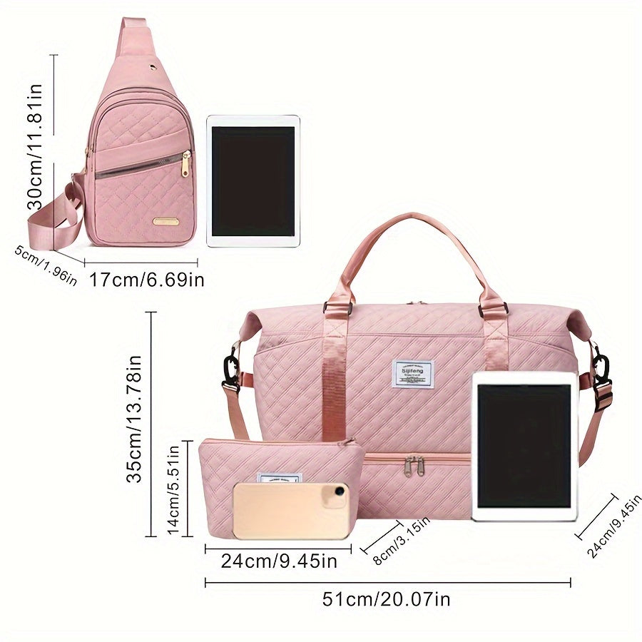 3 Piece Chic Pink Travel & Fitness Bag Set – Large Capacity Waterproof Oxford Fabric Duffle with Shoulder Strap and Cosmetic Bags