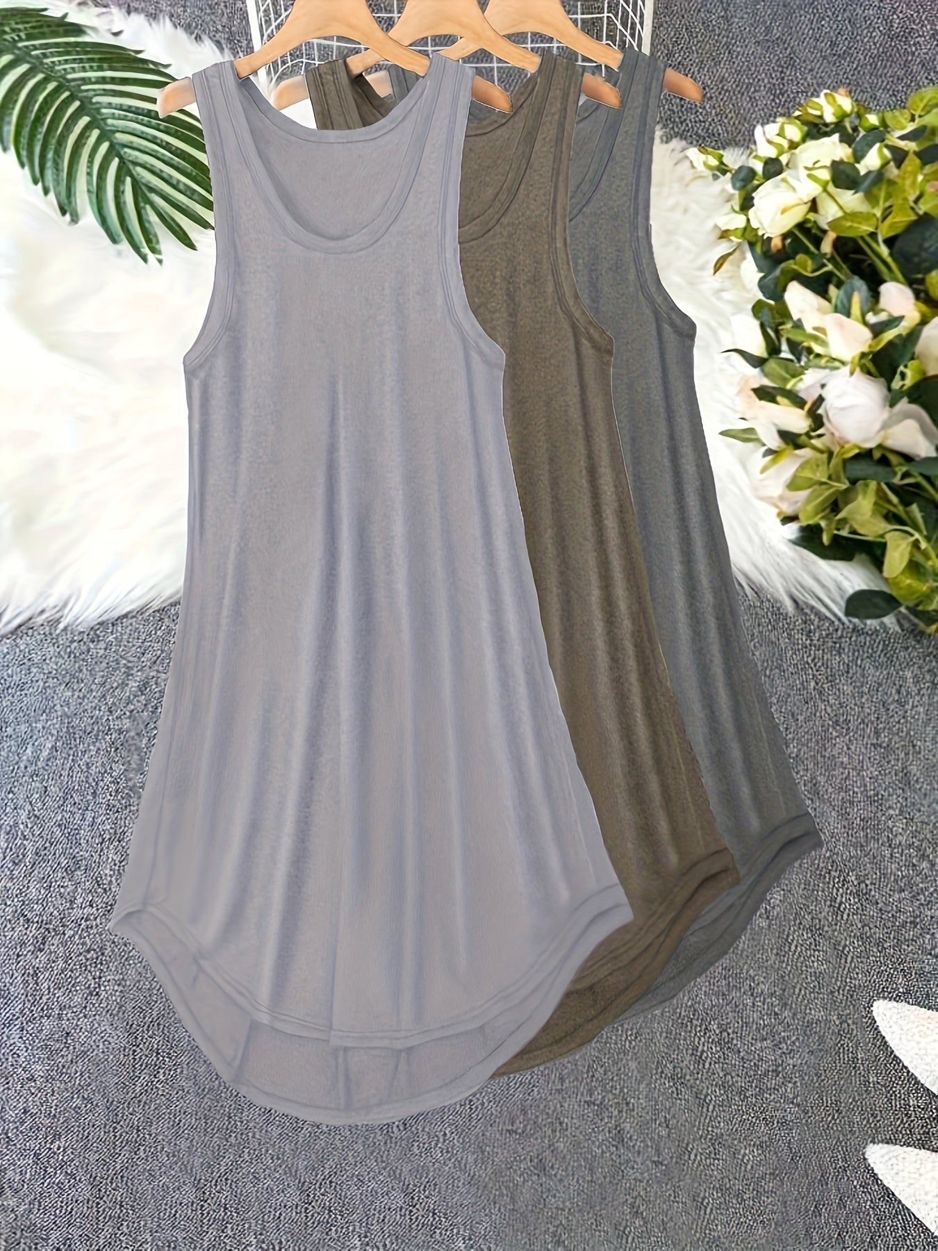 3 Pack Plus Size Basic Lounge Dress Set – Women's Solid Round Neck Tank Sleep Dress, 3 Piece Set