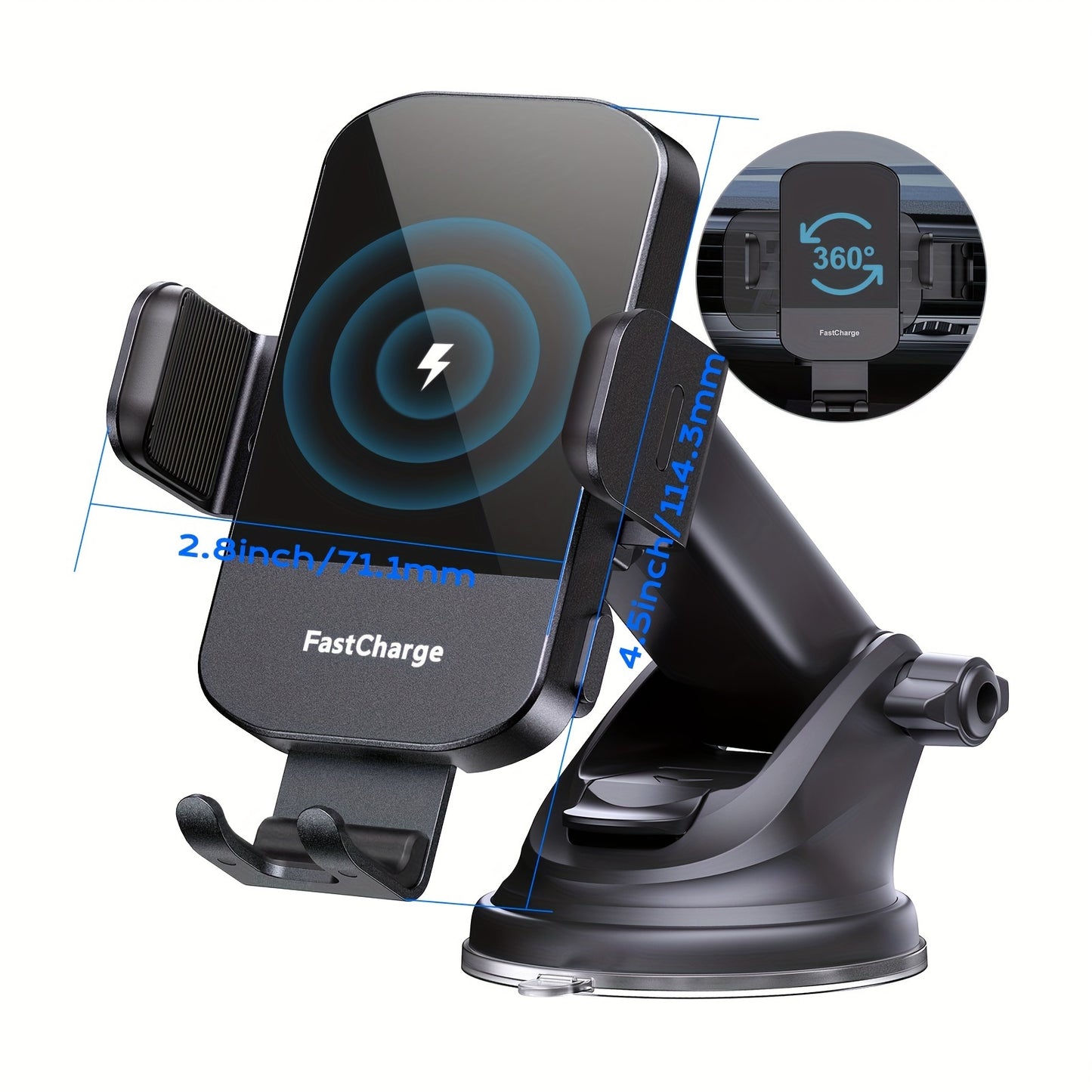CHGeek Wireless Car Charger - 15W Fast Charging Auto Clamping Phone Mount and Holder, Fits iPhone 15/14/13/12/11 Pro Max Xs, Samsung Galaxy S24/S23/S22/S21/S20/S10+, Black