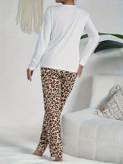 Leopard Print Long Sleeve Pajama Set with Heart Pattern – Women's Cozy Sleepwear