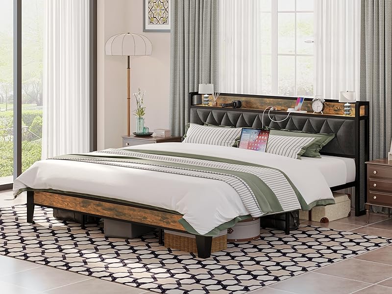 ANCTOR Bed Frame – Twin to California King Sizes, Storage Headboard with Outlets, No Noise, No Box Spring Needed