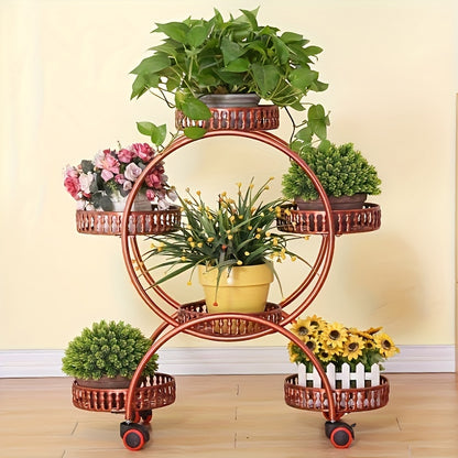 Multilayer Iron Art Flower Rack with Wheels - Floor Standing Indoor Shelves for Green Pots, Household Living Room and Balcony Flower Organizer