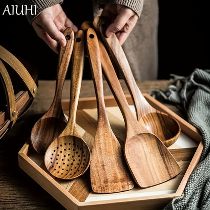 5pcs Wooden Kitchen Utensils Set – Natural Wooden Spoons, Spurtle, Ladle & Wok Spatulas for Non-Stick Pans