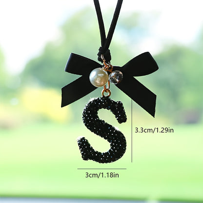 Crystal Alphabet Letter Hanging Ornament – Bowknot & Faux Pearl Detail, Decorative English Letter Charm for Vehicle Mirror Display