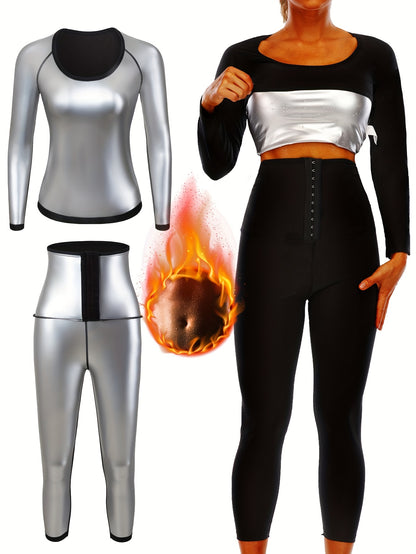 Women's Sauna Sweat Suit Set – Heat-Trapping Long Sleeve Shirt and Leggings, High Waist Fitness Yoga Gear for Fall and Winter
