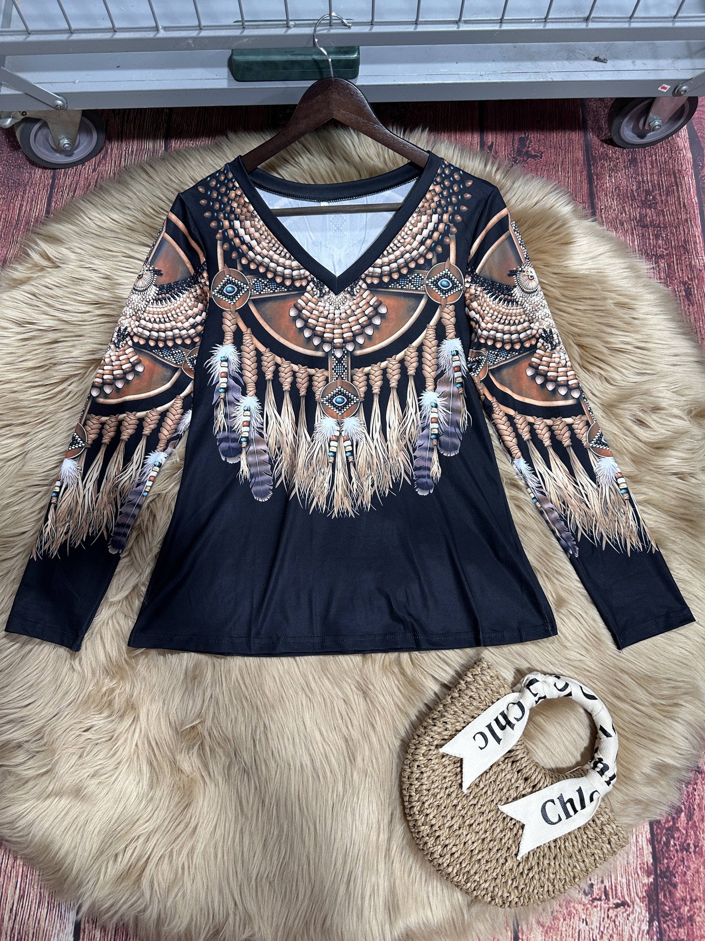 Tribal Print V-Neck T-Shirt - Casual Long Sleeve Top for Spring & Fall, Women's Clothing