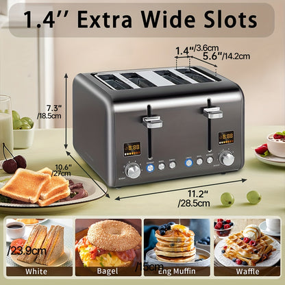 4 Slice Toaster, Stainless Steel with Color LCD Display – 7 Shade Settings, 1.4'' Wide Slots, Bagel/Defrost/Reheat Functions, Removable Crumb Tray, 1800W