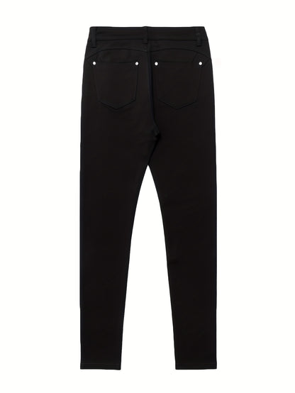 Women's High Waist Stretch Jeans - Street Style Skinny Denim Pants with Metal Button Details, Plain Black Casual Fashion
