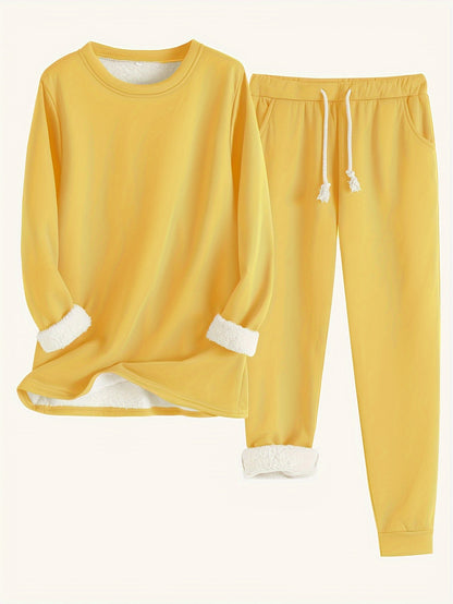 Women's Solid Color Thermal Set – Long Sleeve Sweatshirt & Drawstring Pants Outfit