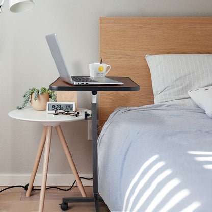 Mobile Height Adjustable Side Table – Portable Overbed Bedside Table with Wheels, Tilting Laptop & Food Tray, Room Decor
