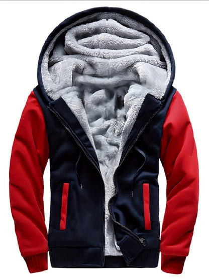 WarmthMax Fleece Hooded Jacket - Soft, Breathable, Water-Resistant Insulating Coat for Fall & Winter Outdoor Activities, Color Block Design