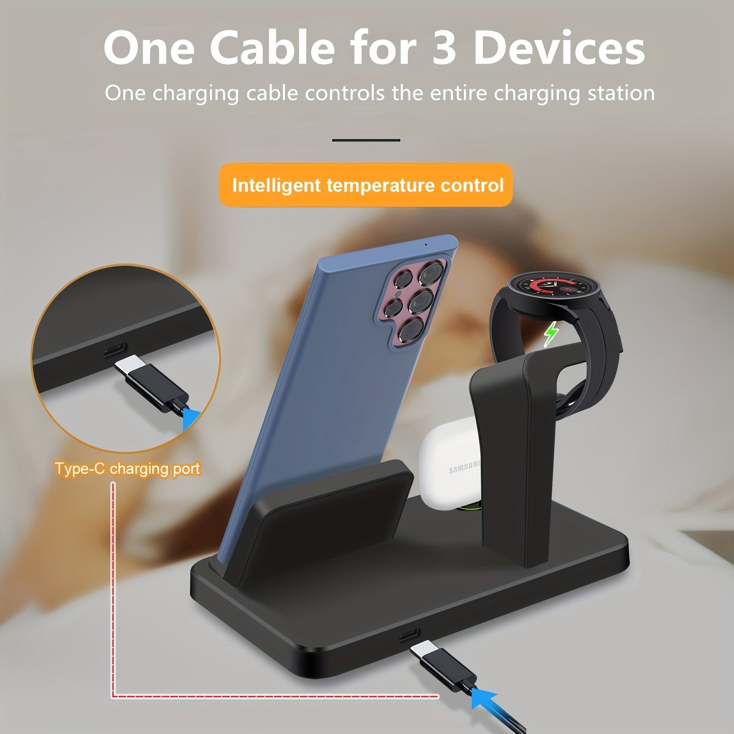 USB-C Fast Charging Station - 3 in 1 Wireless Charger for Samsung Phones, Watches, and Earbuds, Compatible with Galaxy Watch 6/5/4/3, S24/S23/S22/21, Note20/10, Z Fold/Flip 5/4