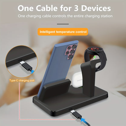 USB-C Fast Charging Station - 3 in 1 Wireless Charger for Samsung Phones, Watches, and Earbuds, Compatible with Galaxy Watch 6/5/4/3, S24/S23/S22/21, Note20/10, Z Fold/Flip 5/4