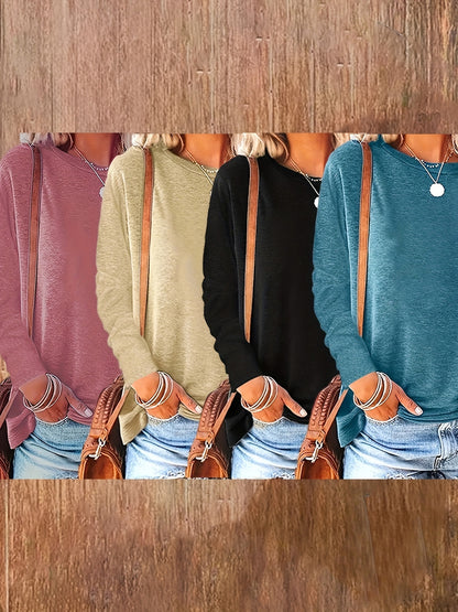 4 Pack Women's Long Sleeve Crew Neck T-Shirts - Casual Fall & Spring Tops for Women
