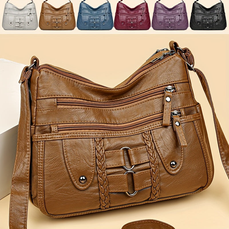 Retro Rivet Crossbody Bag for Women - PU Leather Multi-Zipper Messenger Bag
