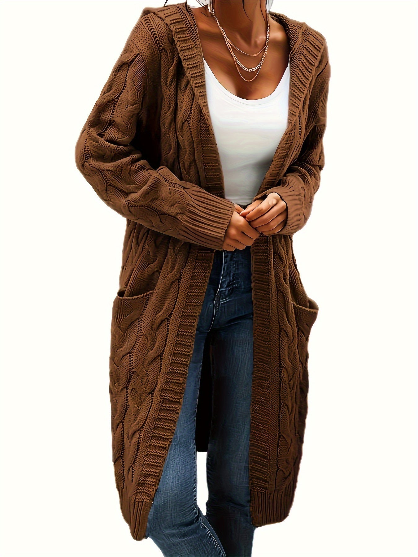 Solid Open Front Cable Knit Hooded Cardigan – Casual Long Sleeve Mid-Length Sweater with Pocket for Women