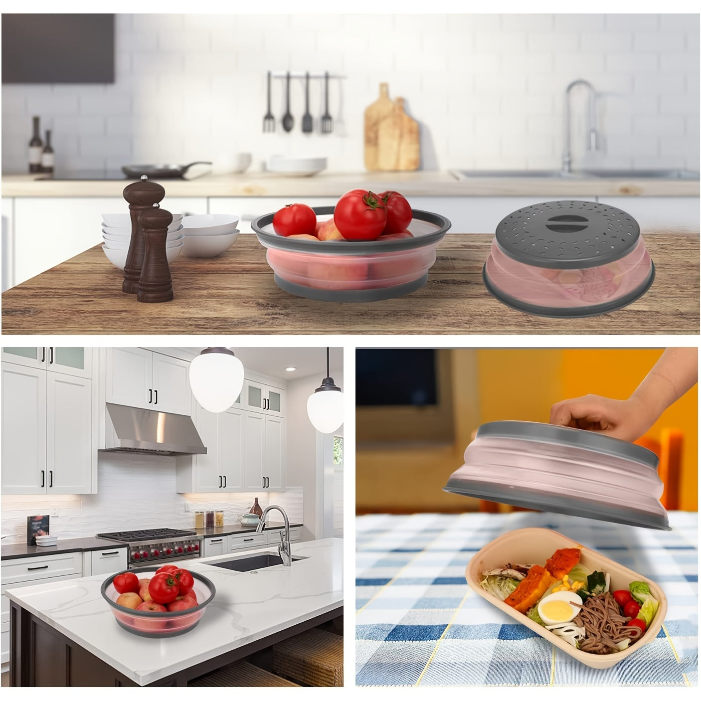 Collapsible Microwave Food Cover – 10.5 Inch Round, BPA-Free TPR with Handle, Steam Vent & Strainer for Plate Protection (Grey)