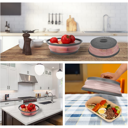 Collapsible Microwave Food Cover – 10.5 Inch Round, BPA-Free TPR with Handle, Steam Vent & Strainer for Plate Protection (Grey)