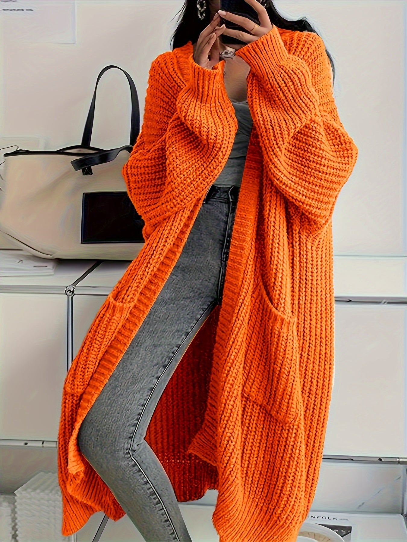 Solid Color Open Front Knitted Cardigan - Casual Long Sleeve Long Length for Spring and Fall Women's Clothing