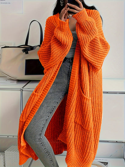 Solid Color Open Front Knitted Cardigan - Casual Long Sleeve Long Length for Spring and Fall Women's Clothing