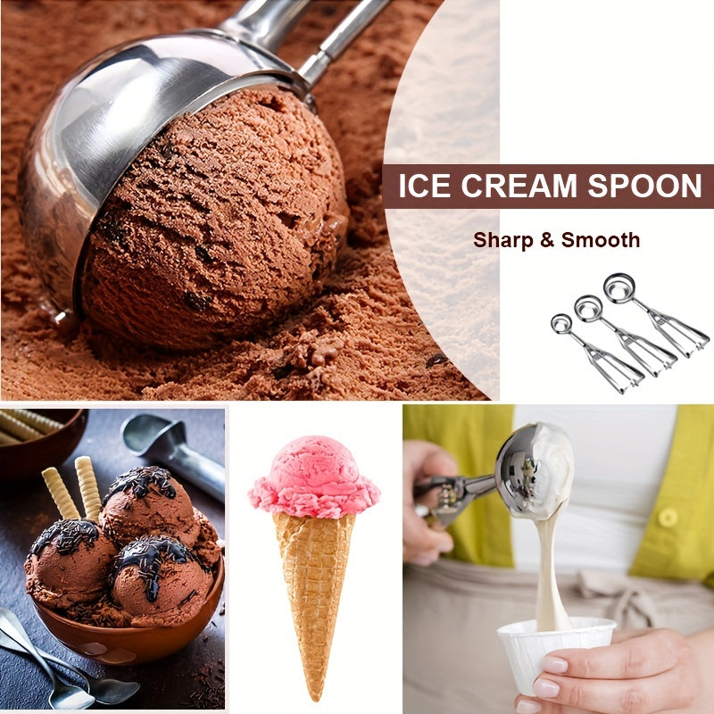 3 Piece Stainless Steel Ice Cream & Cookie Dough Scoops Set with Trigger Release – Silver Cupcake & Fruit Scoop for Baking