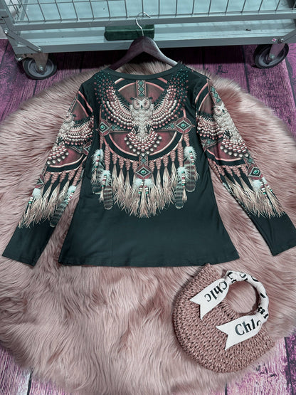 Tribal Print V-Neck T-Shirt - Casual Long Sleeve Top for Spring & Fall, Women's Clothing