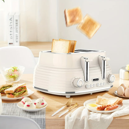 4 Slice Extra Wide Retro Stainless Steel Toaster - 6-Shade Settings, High Lift Lever, Cancel & Defrost Functions, Removable Crumb Tray