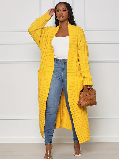Long Length Cable Knit Cardigan – Elegant Solid Long Sleeve Sweater with Pockets – Women's Clothing