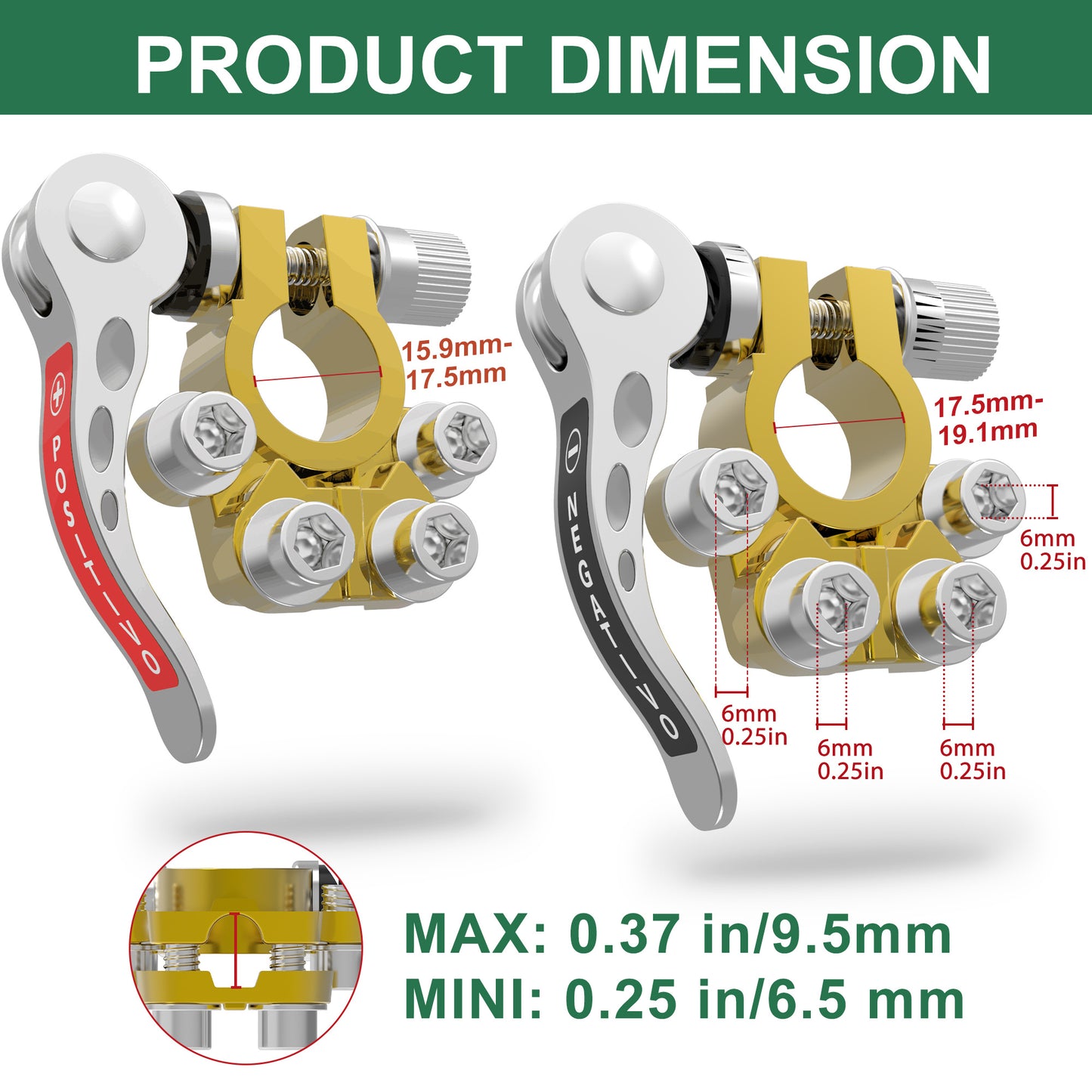 LotFancy 4Pcs Car Battery Terminal Connectors – Quick Release Disconnect, 4-Way Positive & Negative