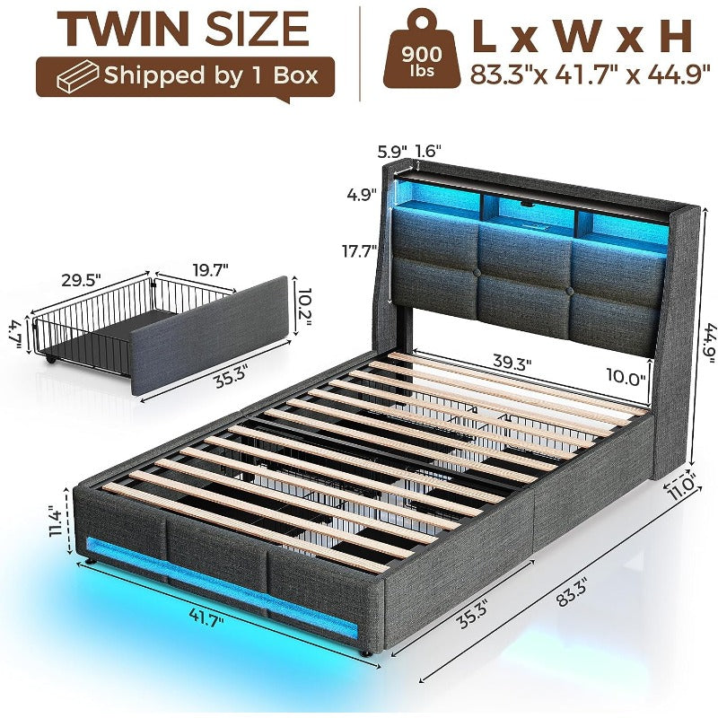 Twin Full Queen Bed Frame with LED Lighting and Charging Station - PU Leather/Neutral Linen Storage Headboard, Drawers, Heavy Duty Wood Slats, Easy Assembly - Modern Bedroom Furniture Upgrade