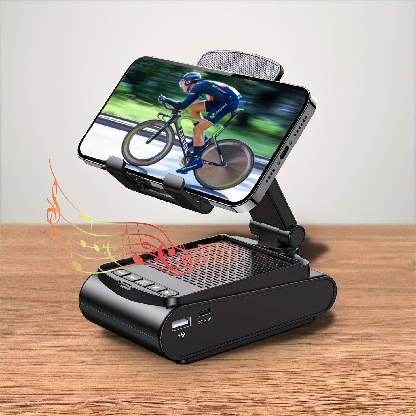 Cell Phone Stand with Wireless Speaker and Non-Slip Base – Portable, Suitable for Indoor/Outdoor, Desktop Use, Ideal for Parties, Camping, Gifts for Family and Friends