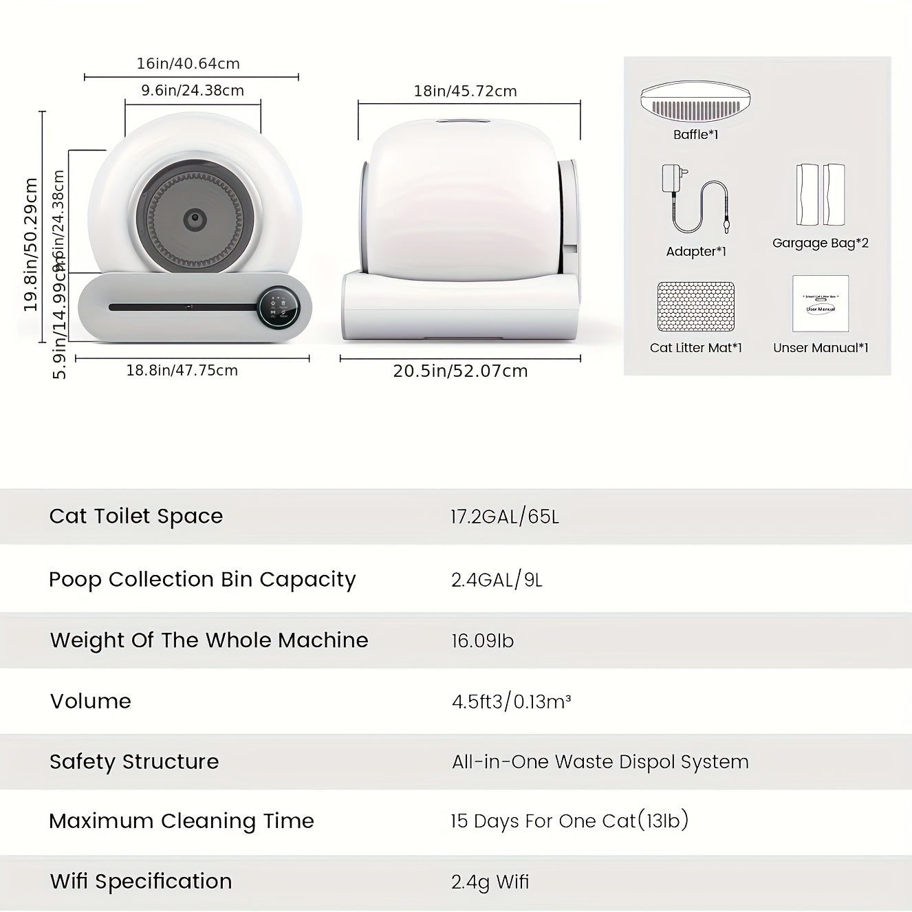 Self-Cleaning Litter Box - Automatic with Pad, 17.17gal+2.38gal Large Capacity, APP Control, Suitable for Multiple Cats