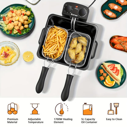 21-Cup Extra-Large Electric Deep Fryer - Stainless Steel Body, 1700W Power, Triple Basket for Easy Frying, Cooking, and Serving