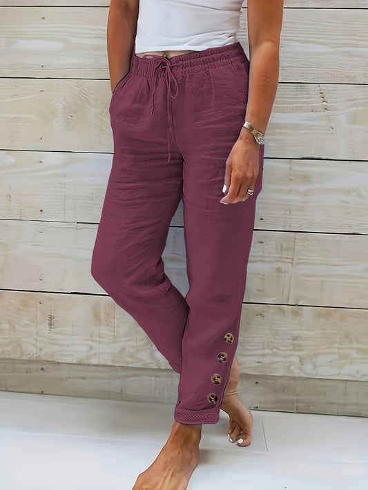 Comfy Solid Color Cotton Slim Straight Pants – Drawstring Waist, Slant Pockets, Button Decor – Breathable & Soft Fabric, Ideal for Spring, Summer, Fall