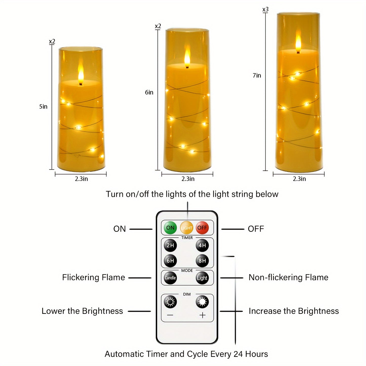 Flameless Battery-Powered Column Candle - 7 LED Acrylic Flashing Candle with Remote Control, Embedded Star String for Halloween and Christmas Decoration